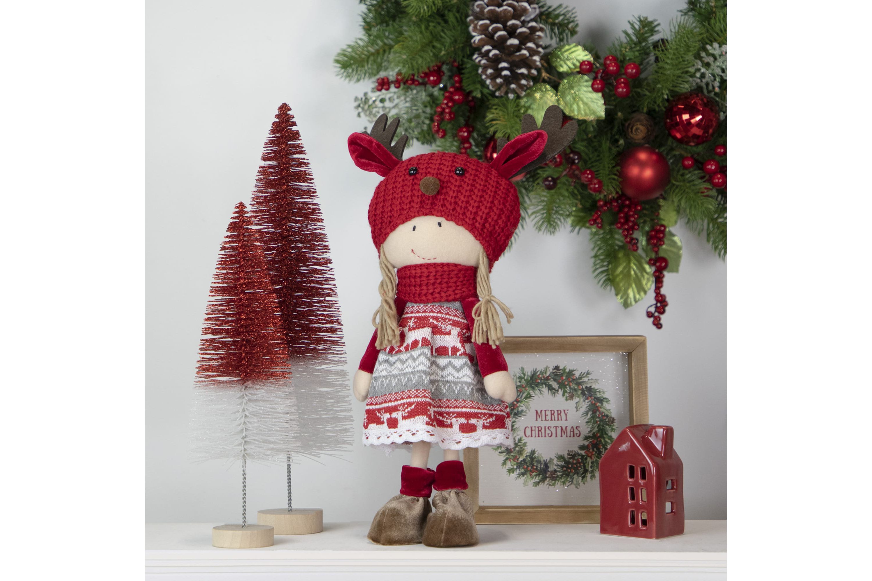 17inch Red and White Nordic Girl with Moose Antler Hat Christmas Decoration