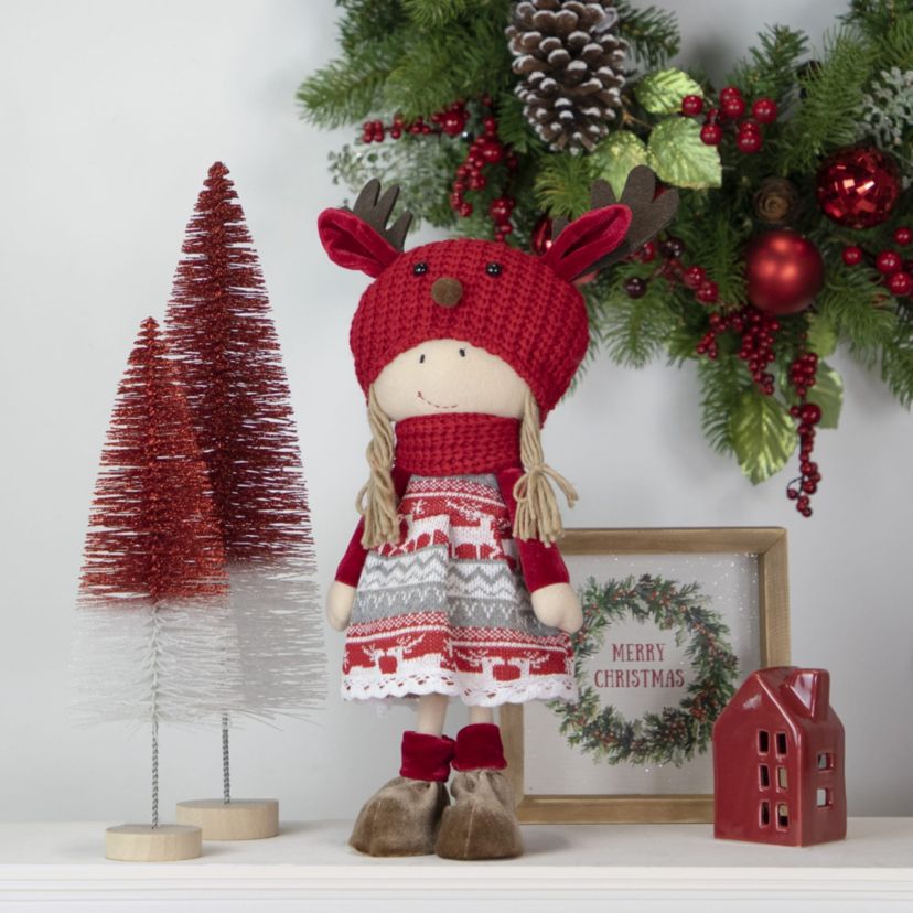 17inch Red and White Nordic Girl with Moose Antler Hat Christmas Decoration