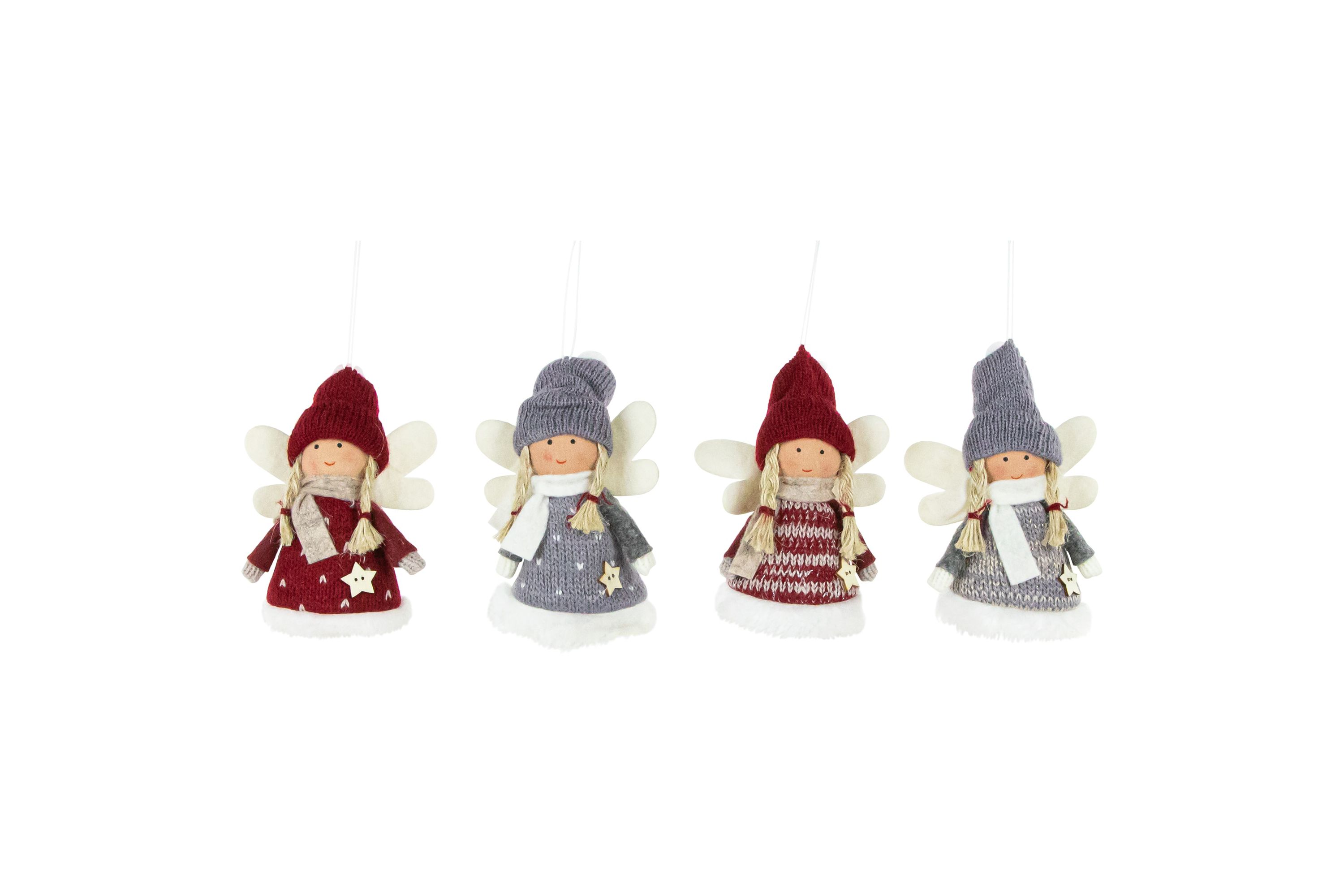 Set of 4 Red and Gray Plush Angel Christmas Ornaments 4.25inch