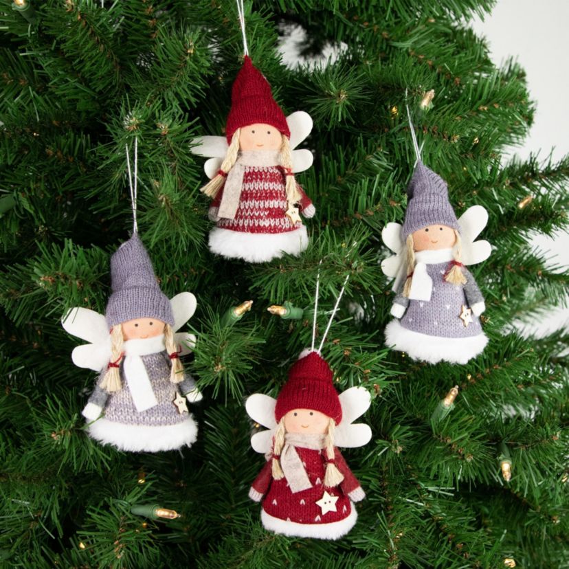 Set of 4 Red and Gray Plush Angel Christmas Ornaments 4.25inch