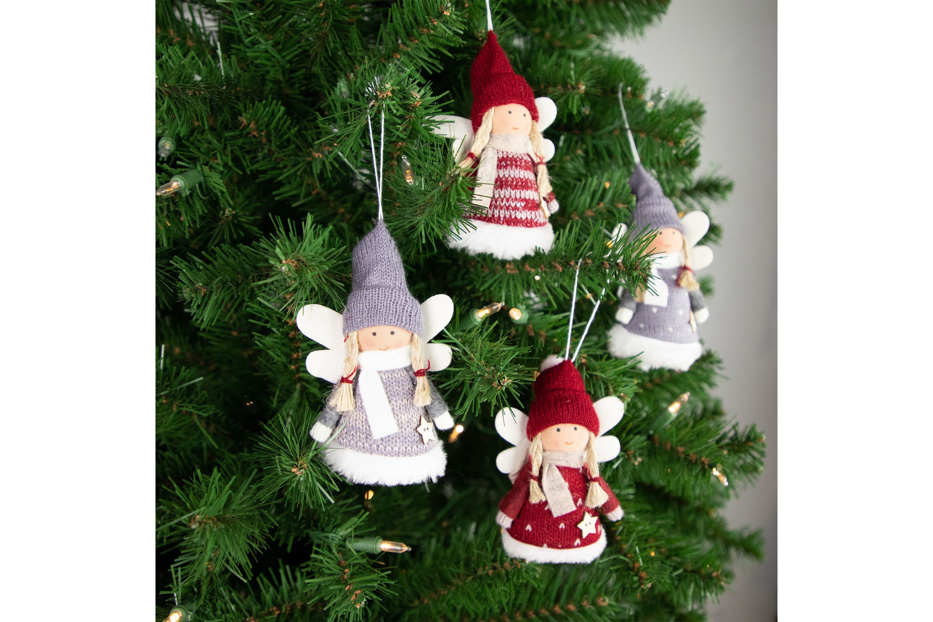 Set of 4 Red and Gray Plush Angel Christmas Ornaments 4.25inch
