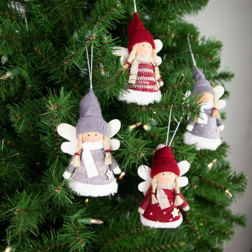 Set of 4 Red and Gray Plush Angel Christmas Ornaments 4.25inch