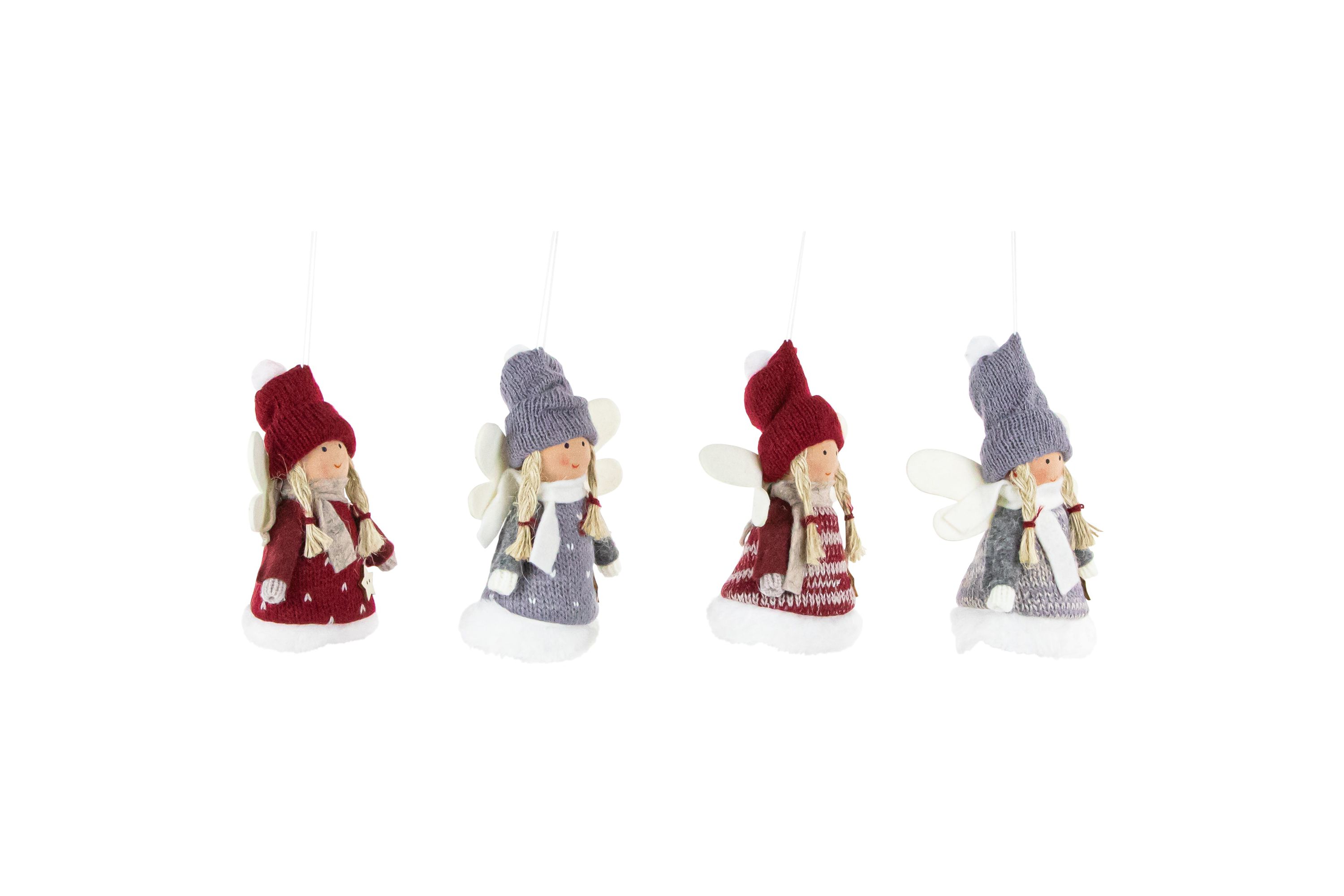 Set of 4 Red and Gray Plush Angel Christmas Ornaments 4.25inch
