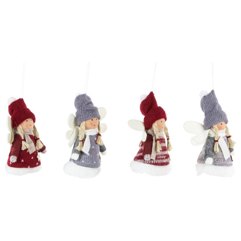 Set of 4 Red and Gray Plush Angel Christmas Ornaments 4.25inch