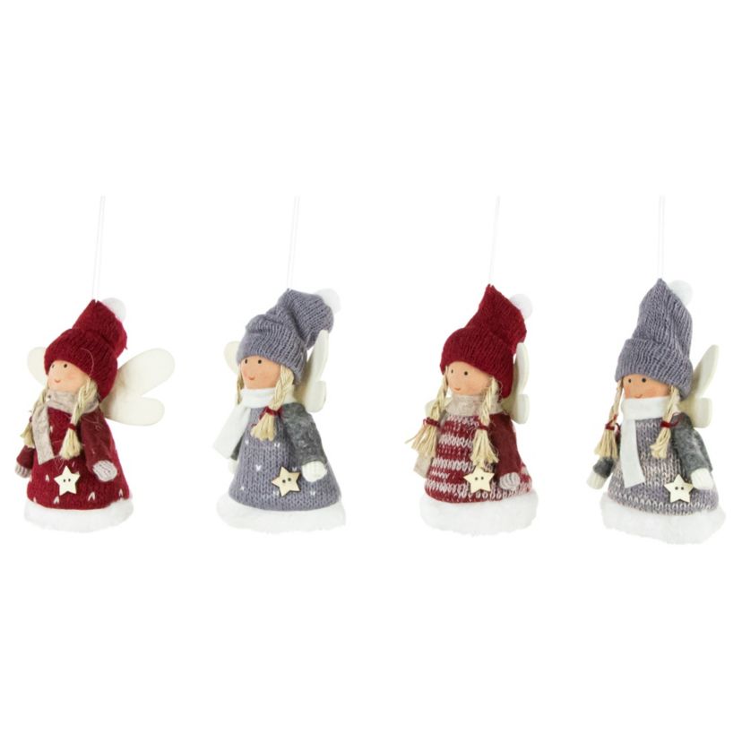 Set of 4 Red and Gray Plush Angel Christmas Ornaments 4.25inch