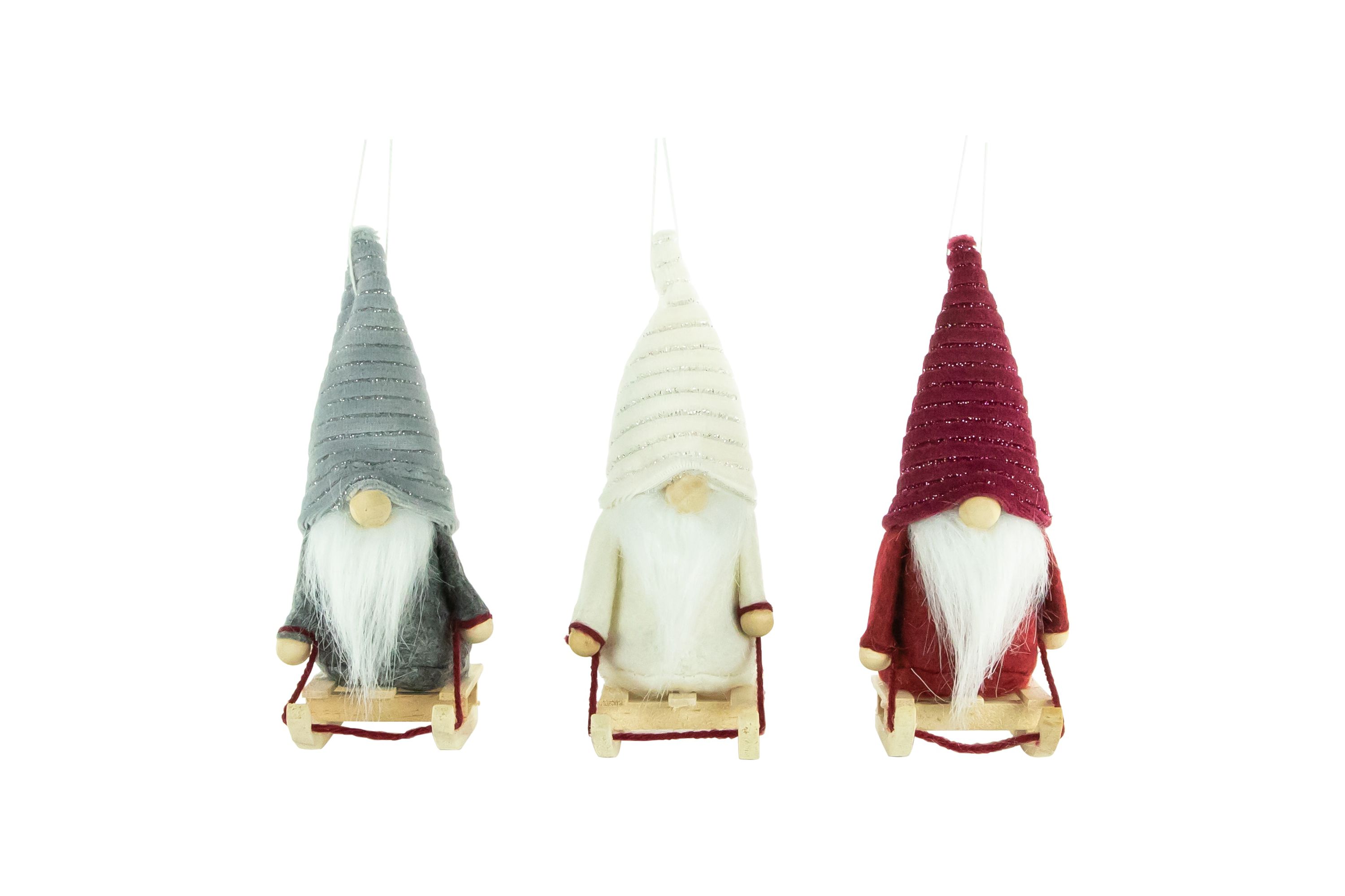 Set of 3 Plush Sledding Gnomes Christmas Ornaments 5.25inch