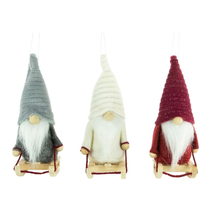 Set of 3 Plush Sledding Gnomes Christmas Ornaments 5.25inch