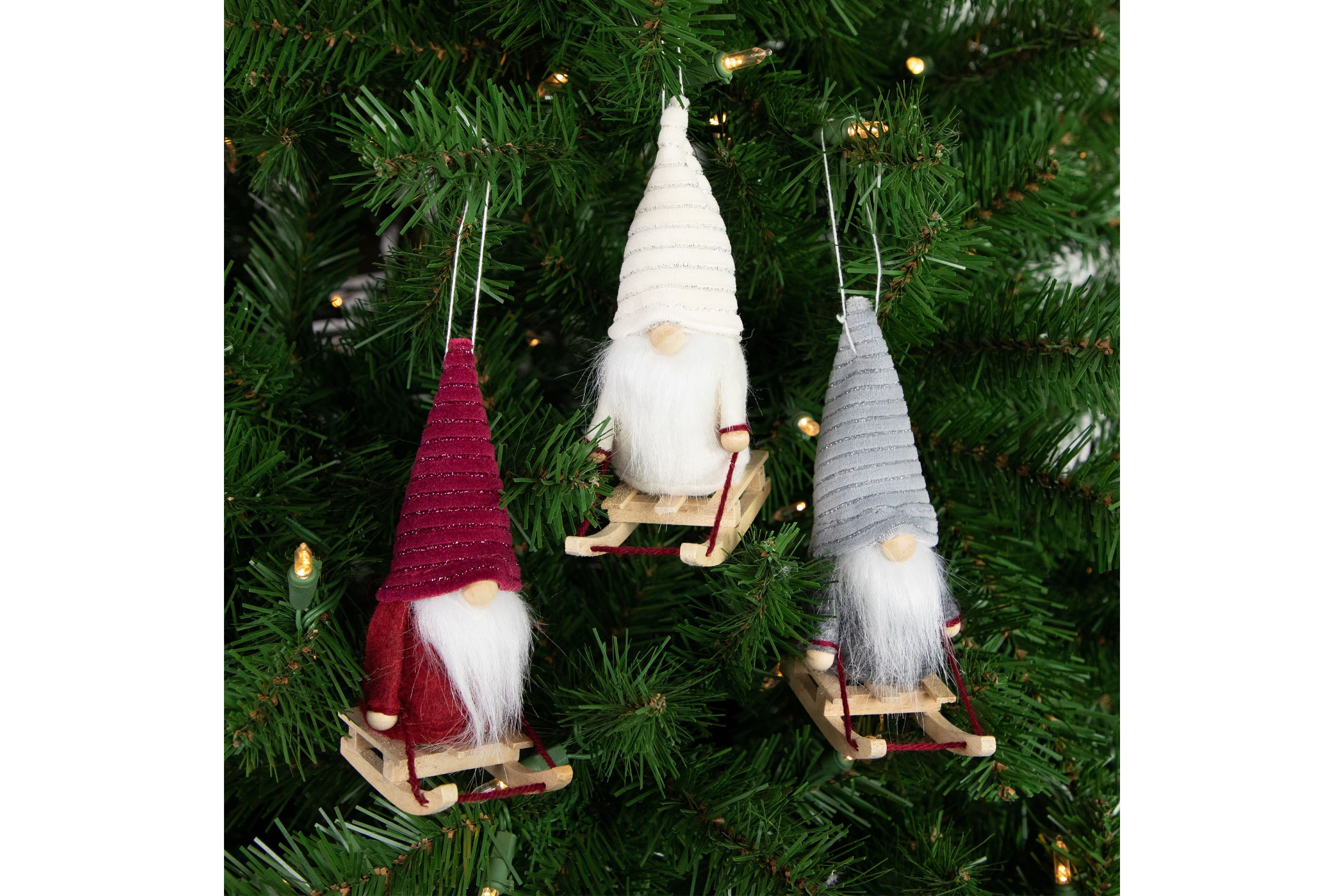 Set of 3 Plush Sledding Gnomes Christmas Ornaments 5.25inch