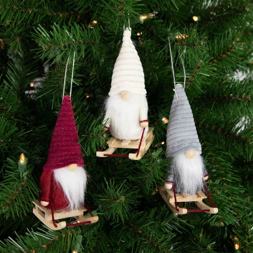 Set of 3 Plush Sledding Gnomes Christmas Ornaments 5.25inch