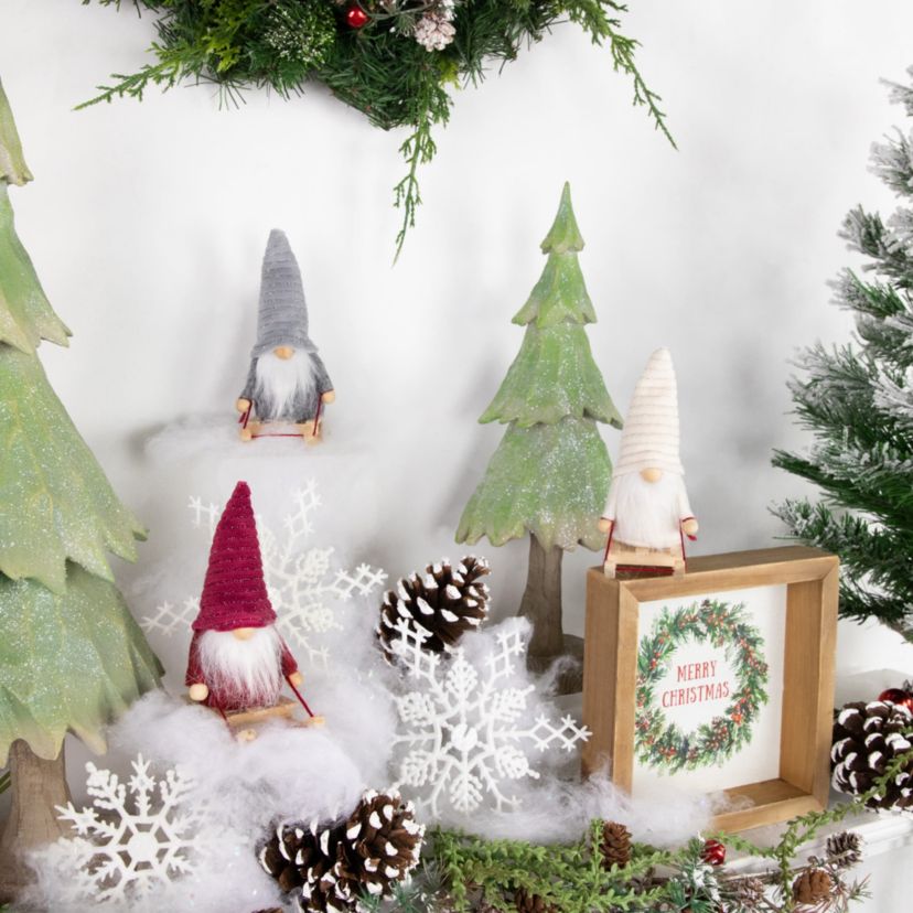 Set of 3 Plush Sledding Gnomes Christmas Ornaments 5.25inch