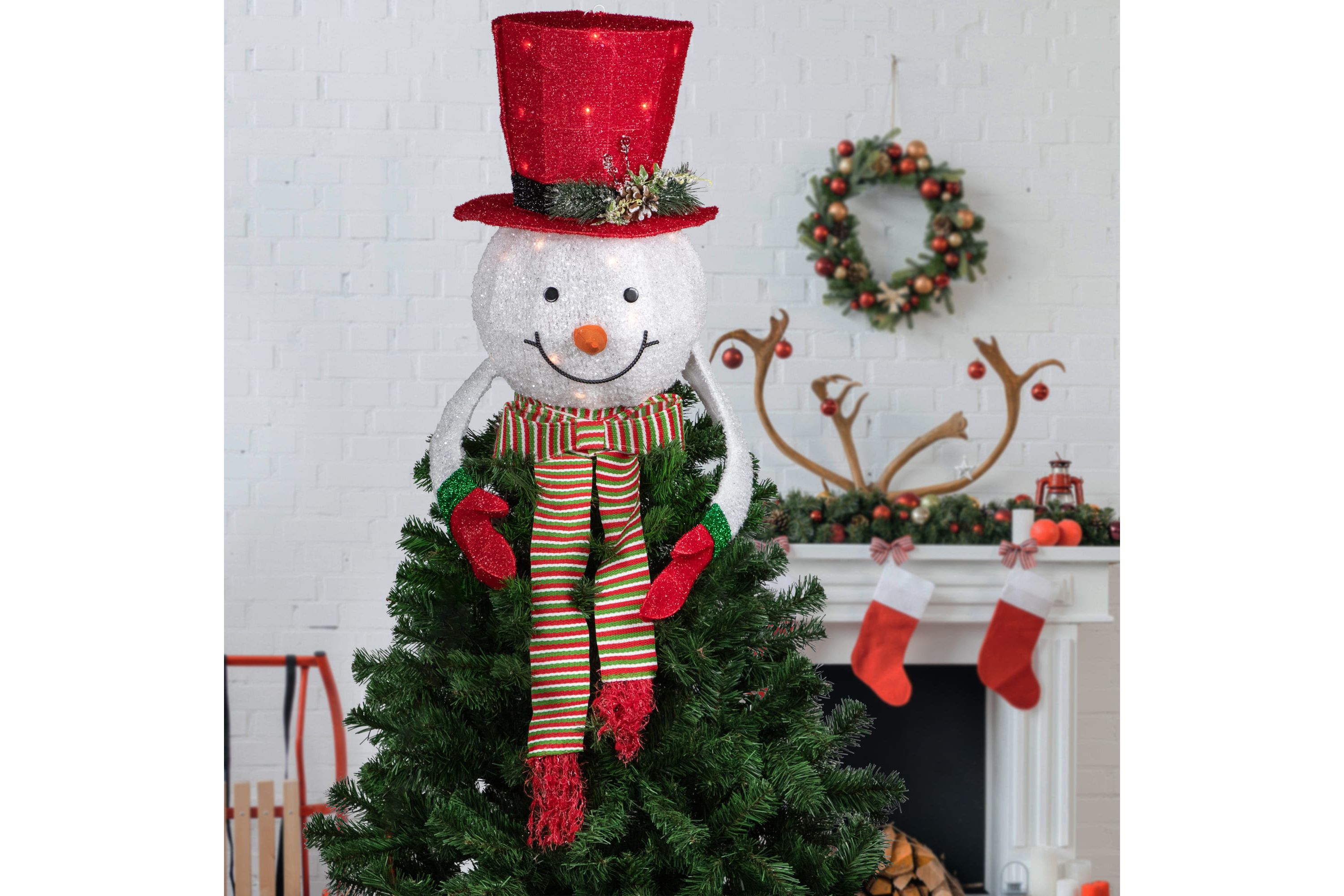 21.5inch Lighted Snowman with Red Top Hat Christmas Tree Topper