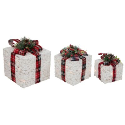 Northlight Set of 3 Lighted Red Plaid Gift Boxes Outdoor Decorations, White -  0191296939690