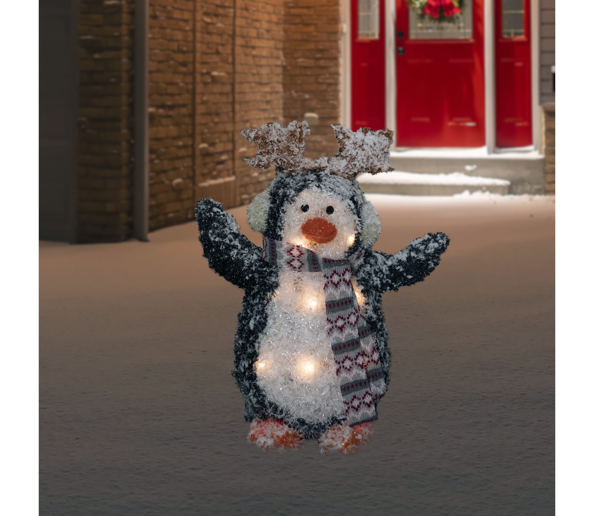 Lighted Snowy Penguin in Antler Hat Outdoor Christmas Decoration - 22" - Warm White