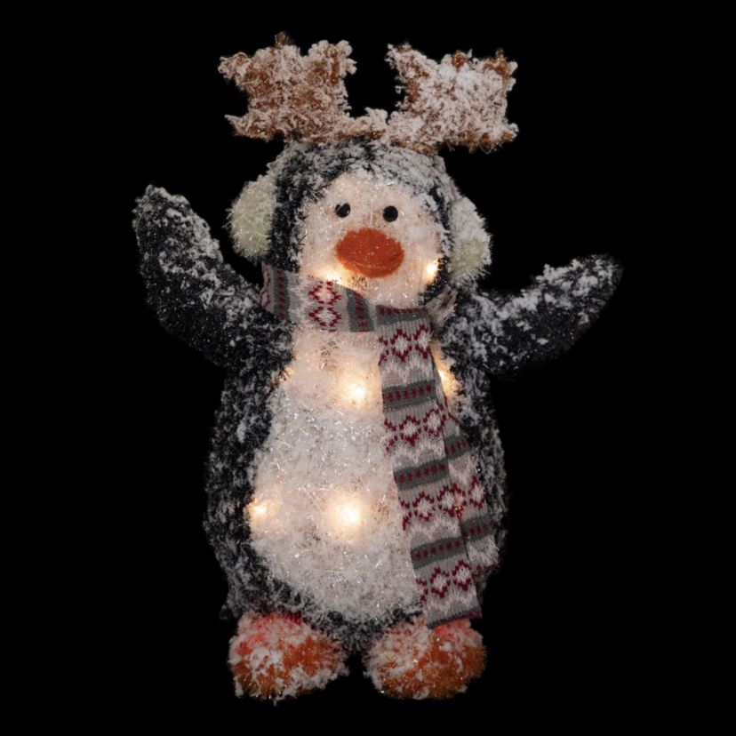 Lighted Snowy Penguin in Antler Hat Outdoor Christmas Decoration - 22" - Warm White