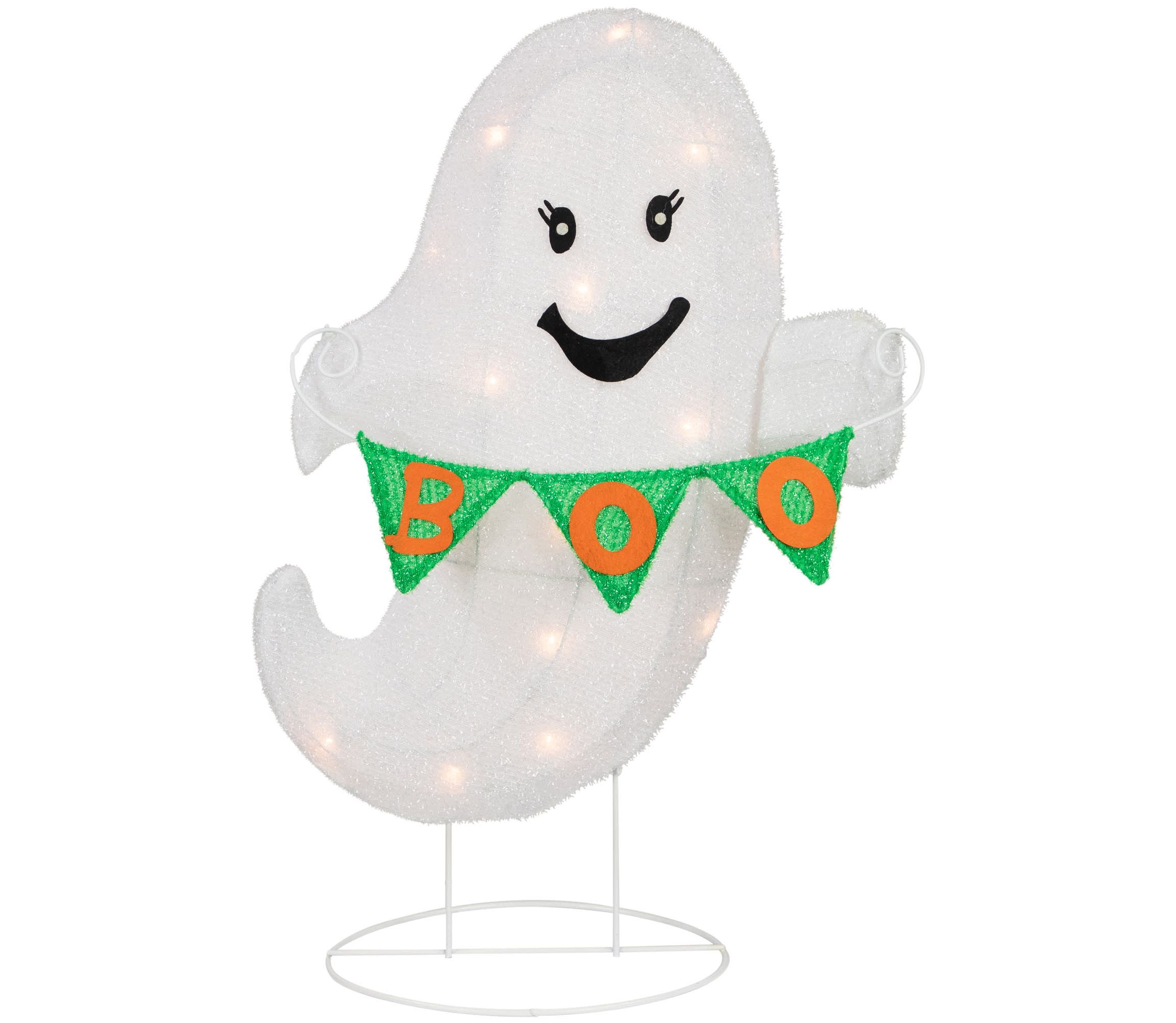 25inch Lighted LED White Ghost with "Boo" Banner Halloween Yard Decoration