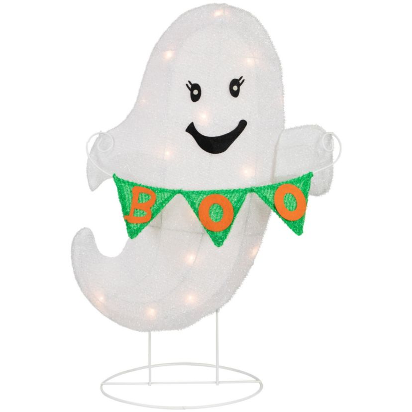 25inch Lighted LED White Ghost with "Boo" Banner Halloween Yard Decoration