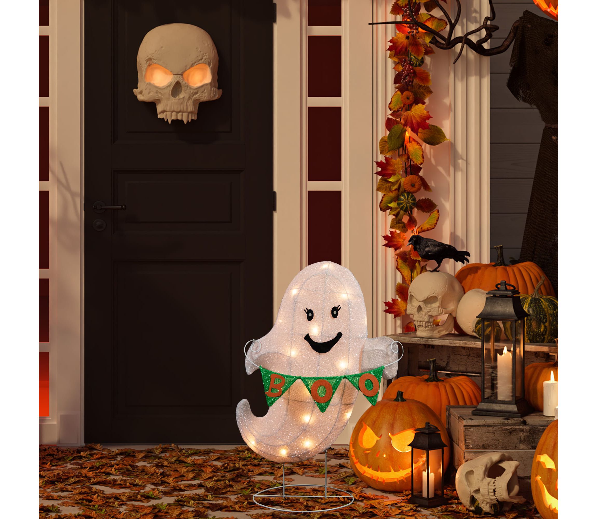 25inch Lighted LED White Ghost with "Boo" Banner Halloween Yard Decoration