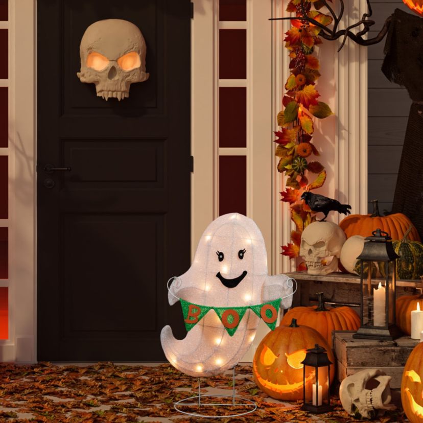 25inch Lighted LED White Ghost with "Boo" Banner Halloween Yard Decoration