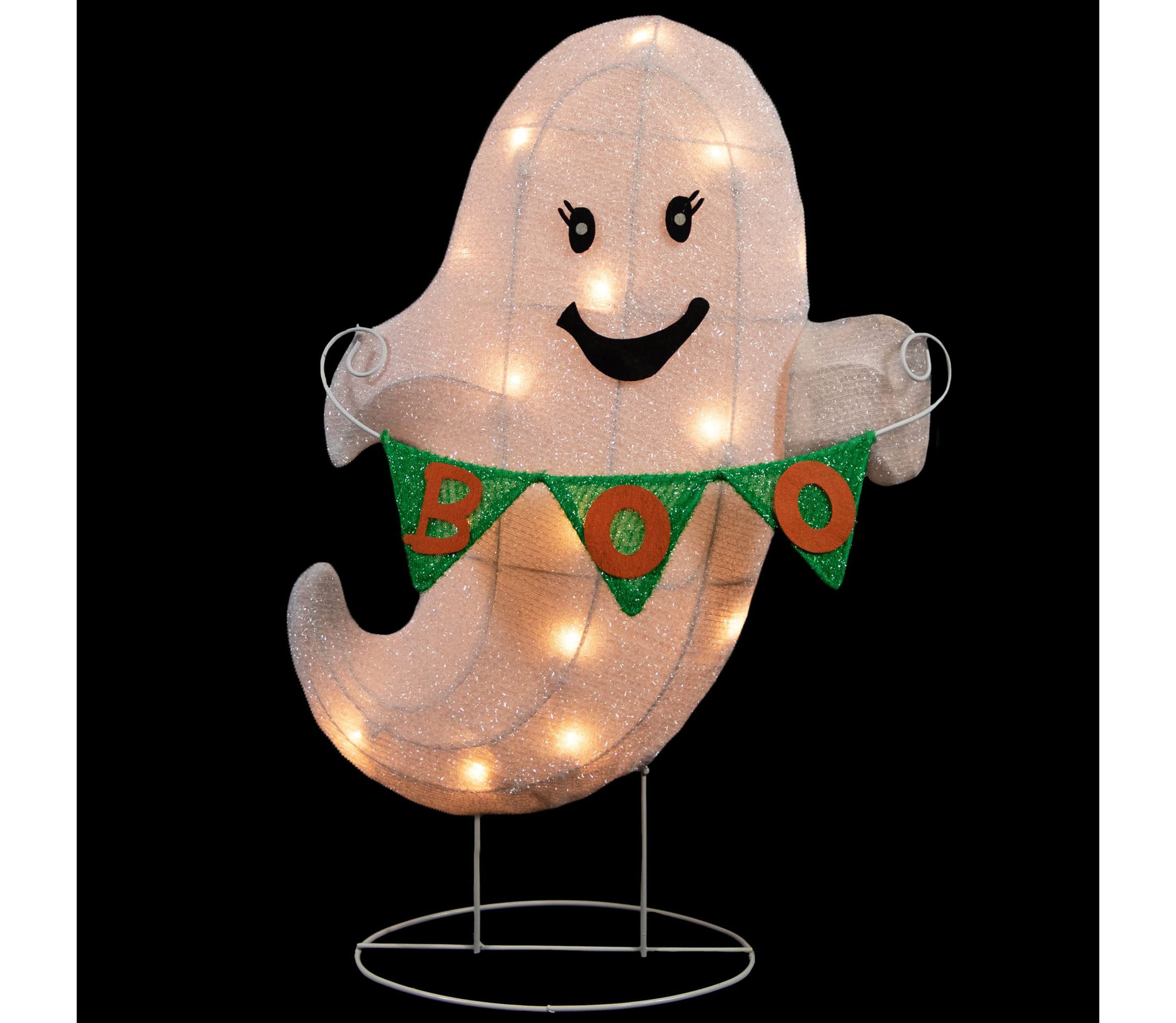 25inch Lighted LED White Ghost with "Boo" Banner Halloween Yard Decoration
