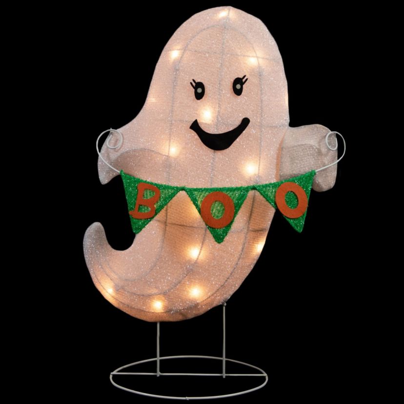 25inch Lighted LED White Ghost with "Boo" Banner Halloween Yard Decoration
