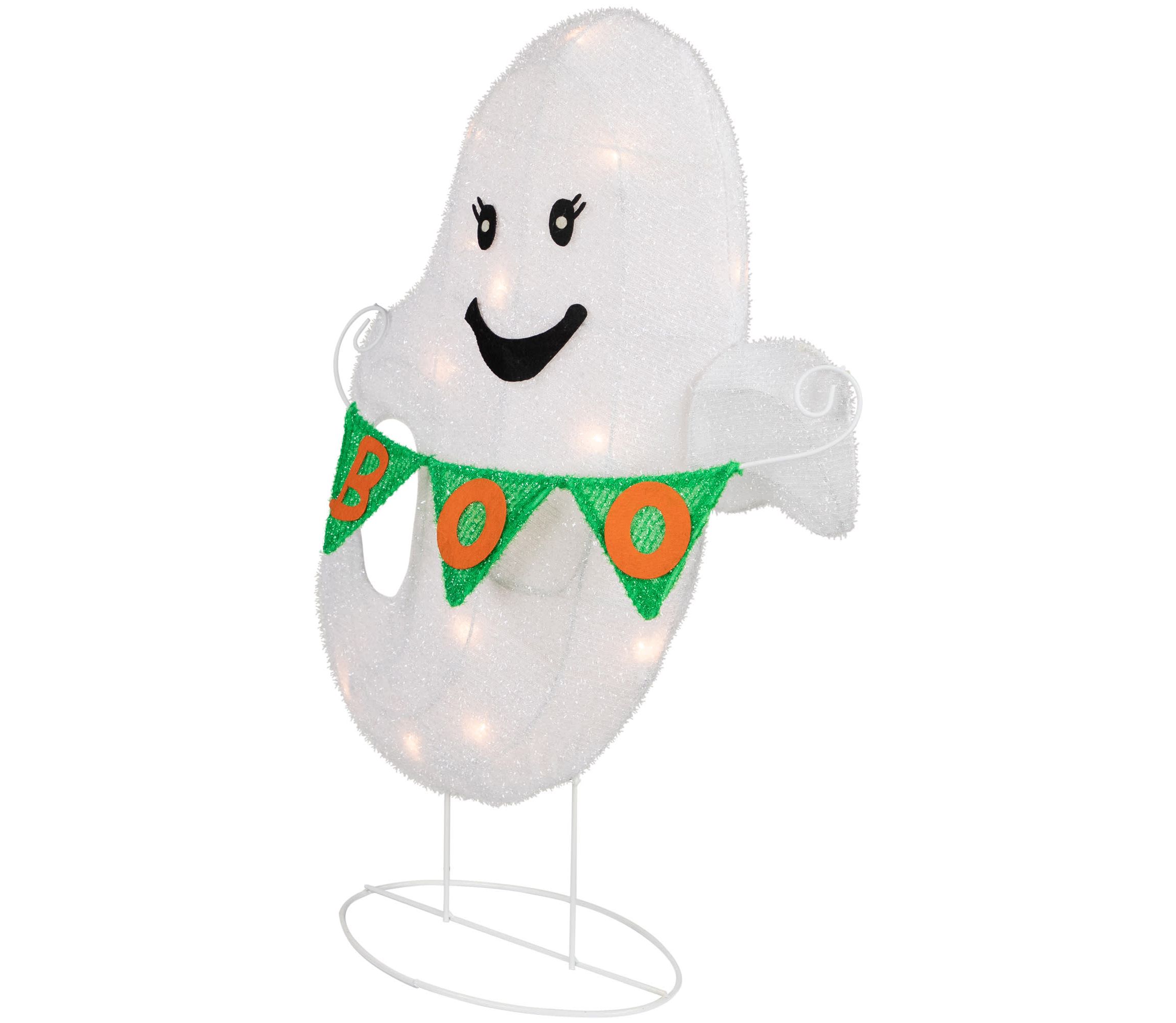 25inch Lighted LED White Ghost with "Boo" Banner Halloween Yard Decoration