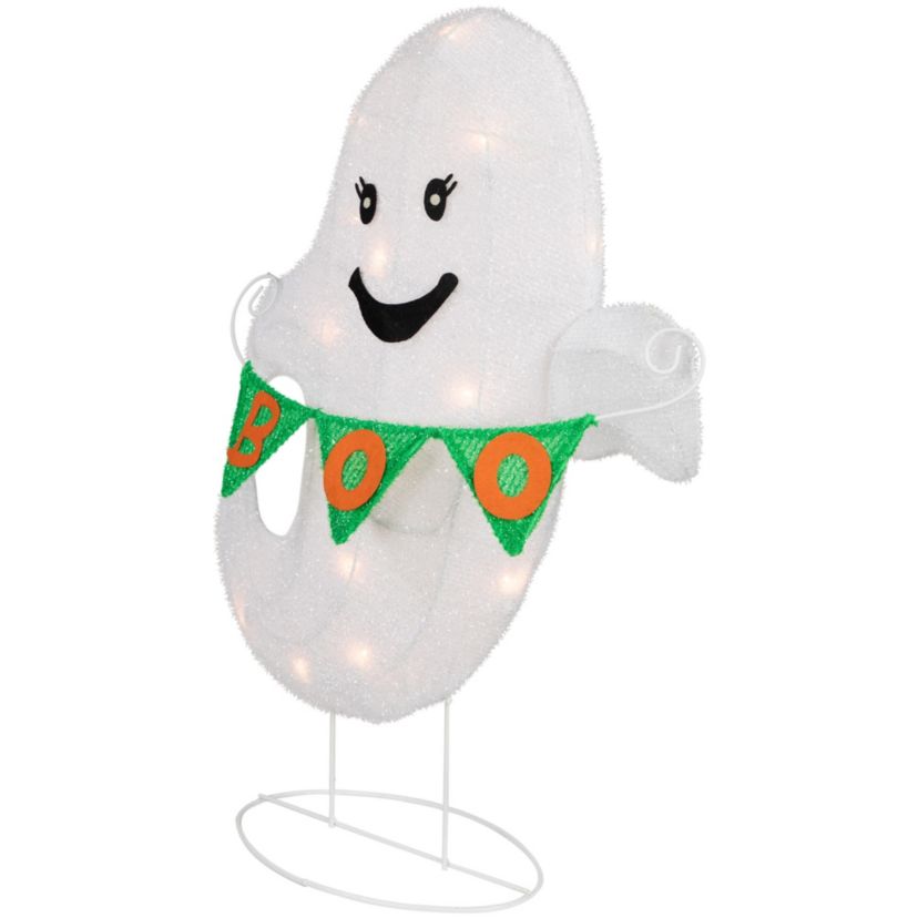 25inch Lighted LED White Ghost with "Boo" Banner Halloween Yard Decoration