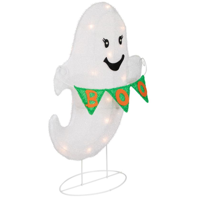 25inch Lighted LED White Ghost with "Boo" Banner Halloween Yard Decoration