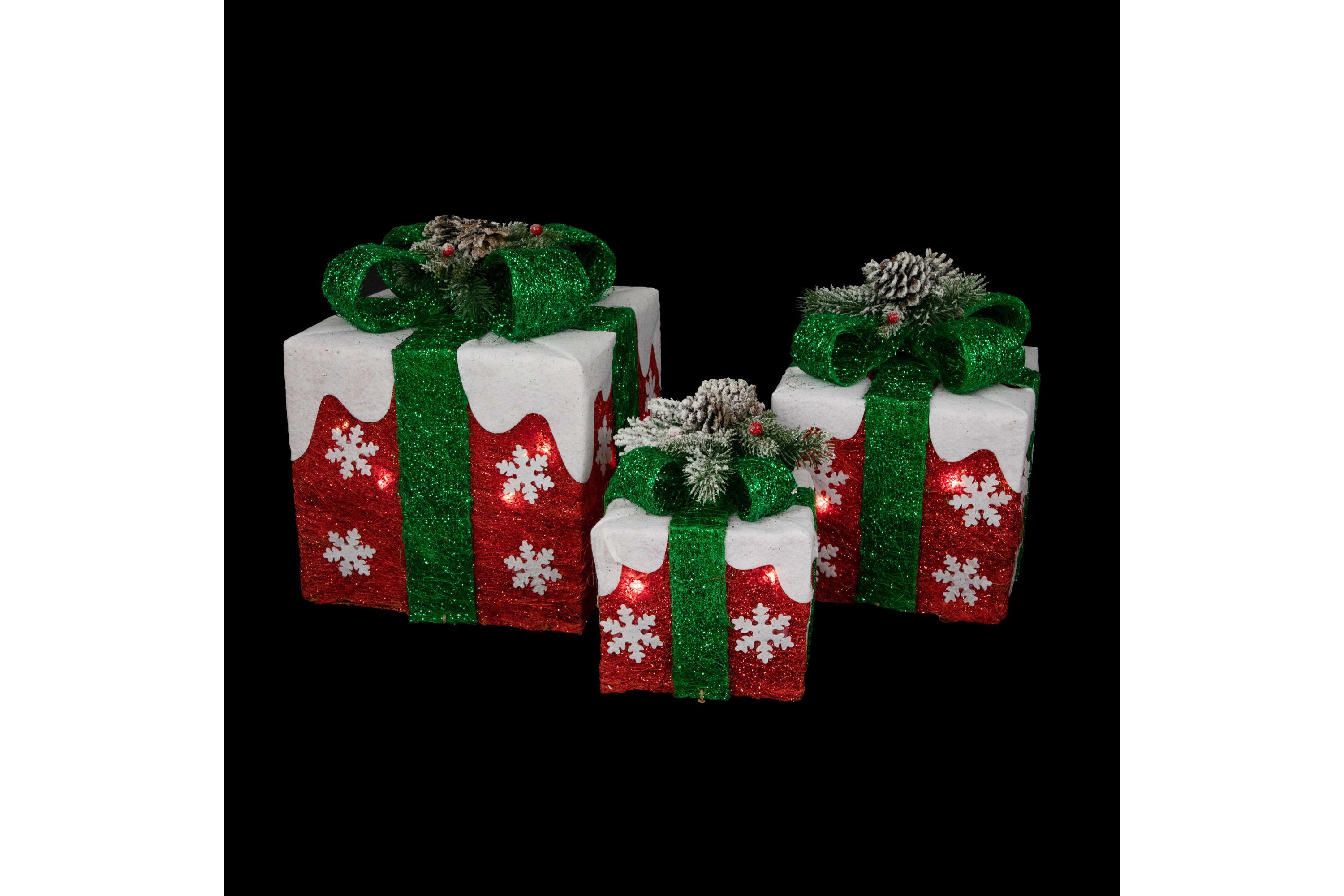 Set of 3 Lighted Red with White Snowflakes Gift Boxes Christmas Decorations