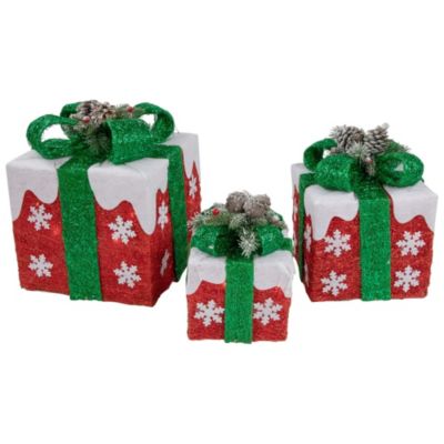 Set of 3 Lighted Red with White Snowflakes Gift Boxes Christmas Decorations