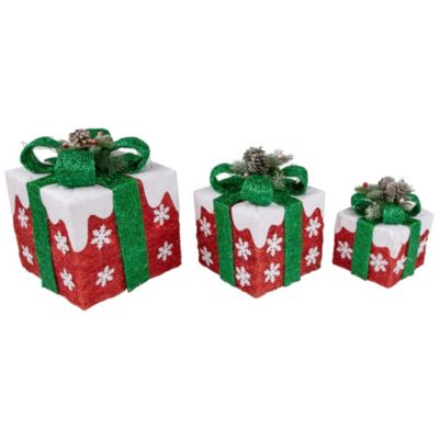 Set of 3 Lighted Red with White Snowflakes Gift Boxes Christmas Decorations