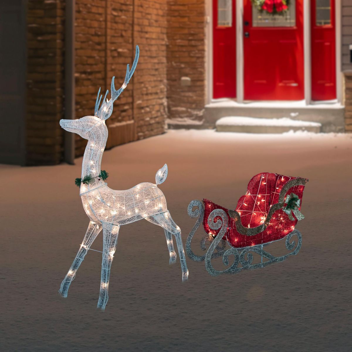 51" Lighted White Reindeer with Sleigh Christmas Decoration