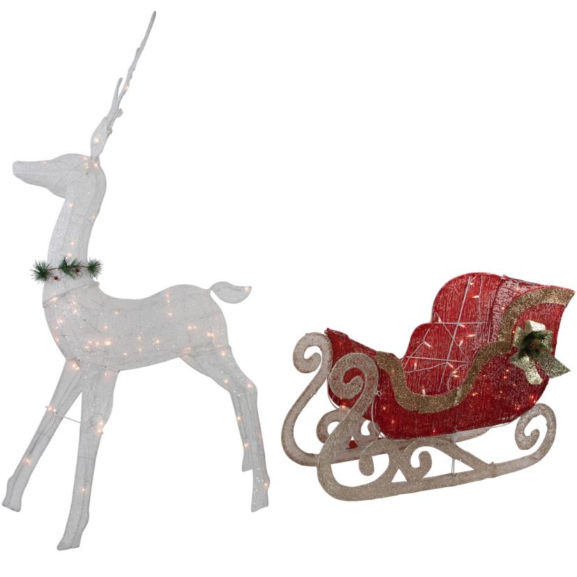 51" Lighted White Reindeer with Sleigh Christmas Decoration