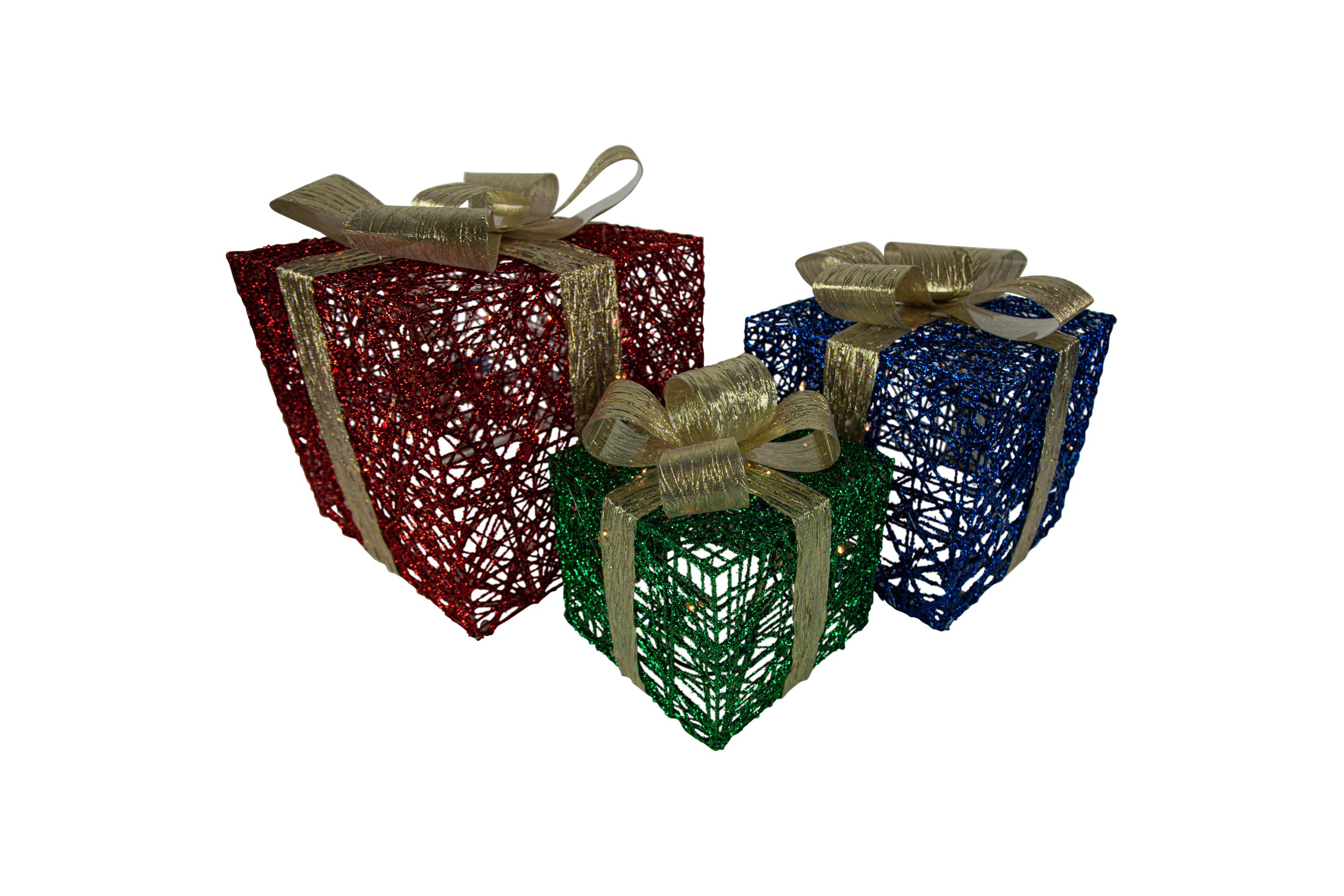 Set of 3 Lighted Red Blue and Green Gift Boxes Christmas Decorations 9.75inch