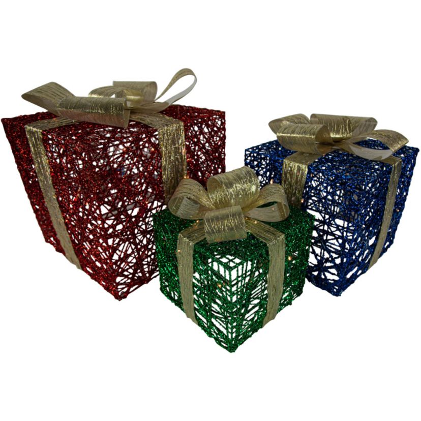 Set of 3 Lighted Red Blue and Green Gift Boxes Christmas Decorations 9.75inch
