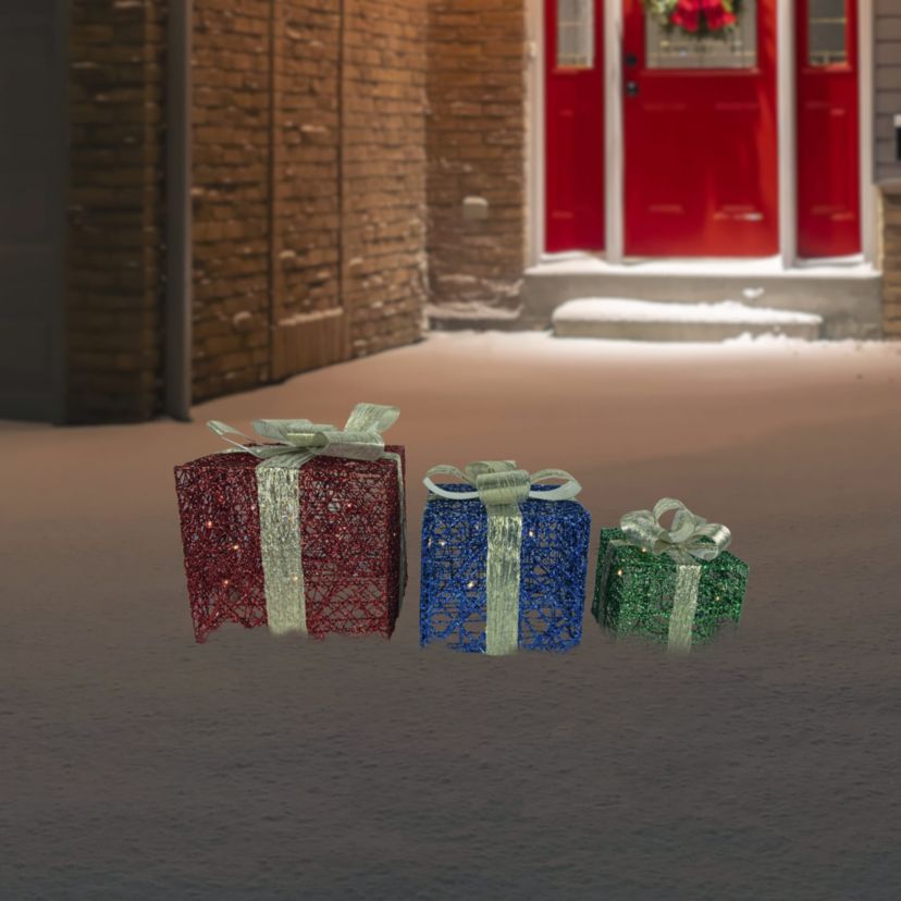 Set of 3 Lighted Red Blue and Green Gift Boxes Christmas Decorations 9.75inch
