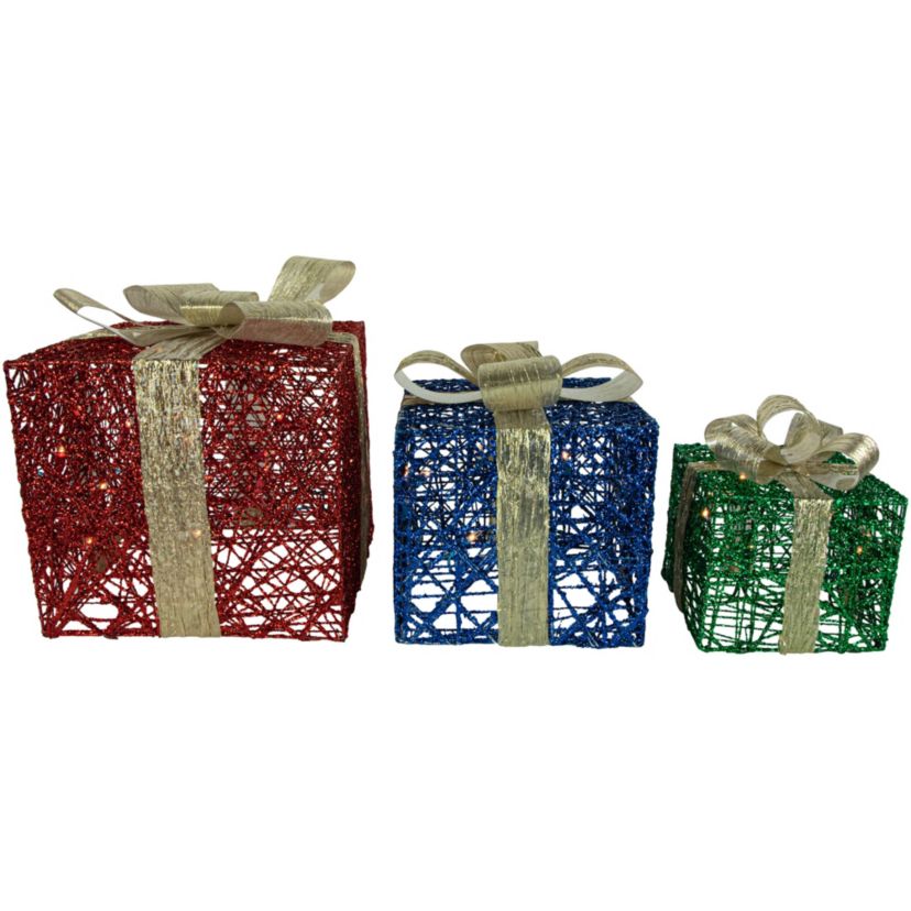 Set of 3 Lighted Red Blue and Green Gift Boxes Christmas Decorations 9.75inch