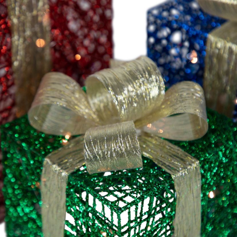 Set of 3 Lighted Red Blue and Green Gift Boxes Christmas Decorations 9.75inch
