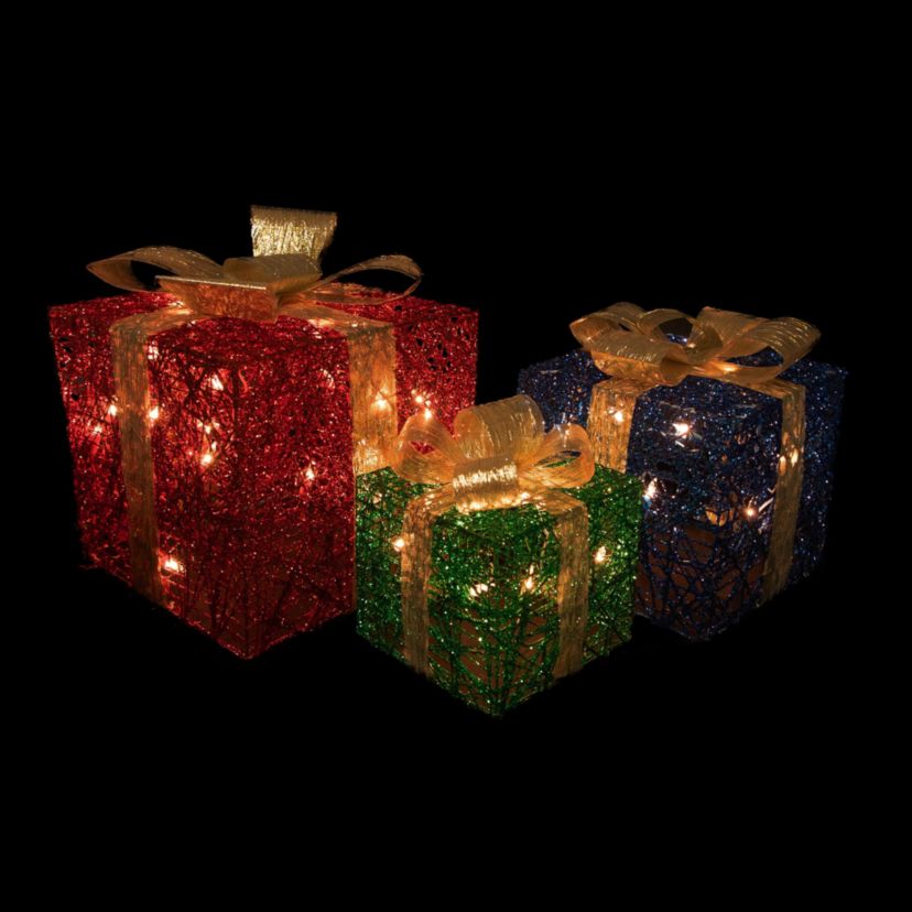 Set of 3 Lighted Red Blue and Green Gift Boxes Christmas Decorations 9.75inch