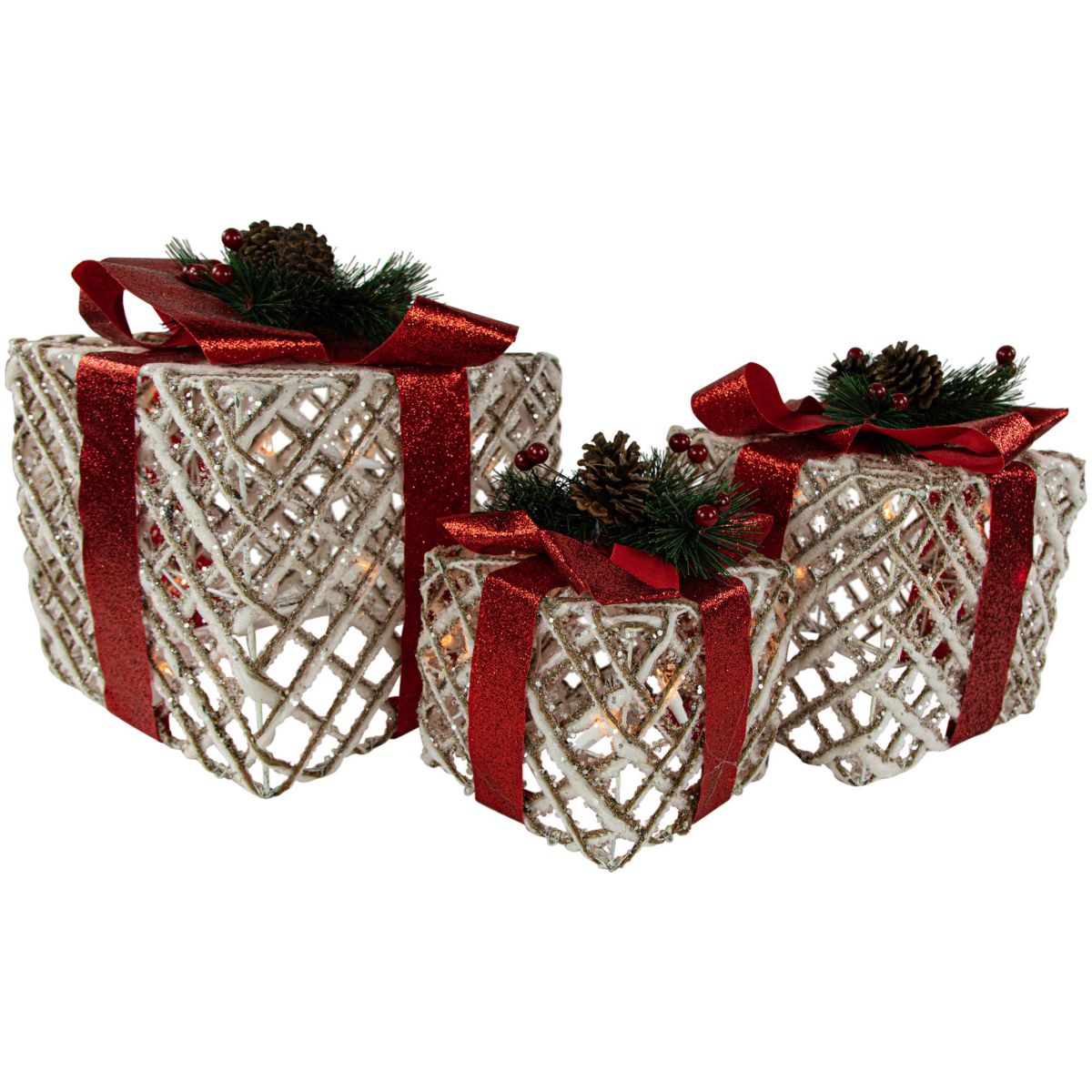 Set of 3 Lighted White Rope Gift Box Christmas Decorations 9.75inch