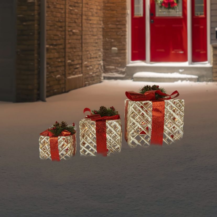 Set of 3 Lighted White Rope Gift Box Christmas Decorations 9.75inch