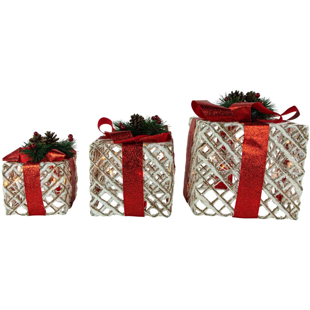 Set of 3 Lighted White Rope Gift Box Christmas Decorations 9.75inch