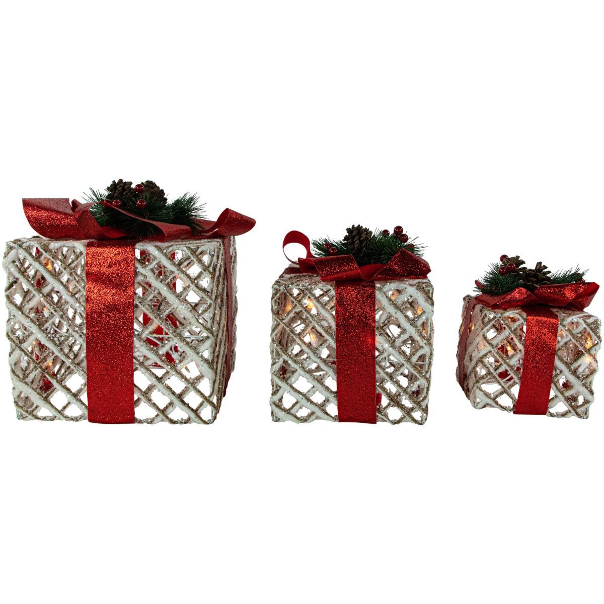 Set of 3 Lighted White Rope Gift Box Christmas Decorations 9.75inch