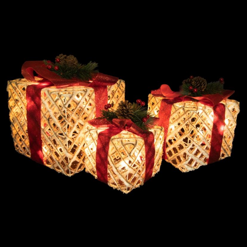 Set of 3 Lighted White Rope Gift Box Christmas Decorations 9.75inch