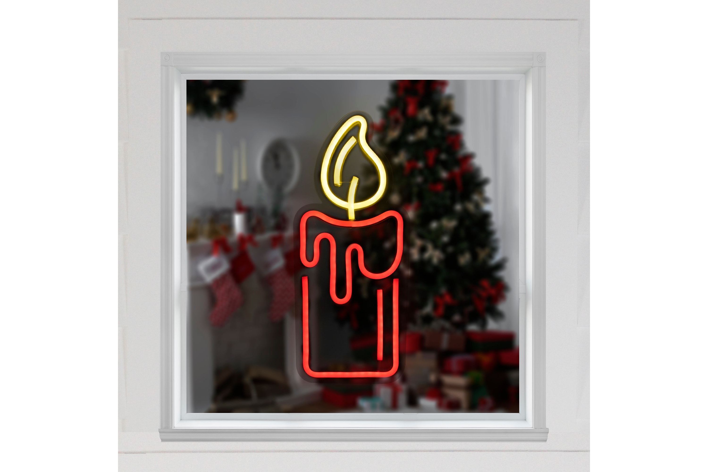 12" Red LED Lighted Neon Style Red Candle Christmas Window Silhouette