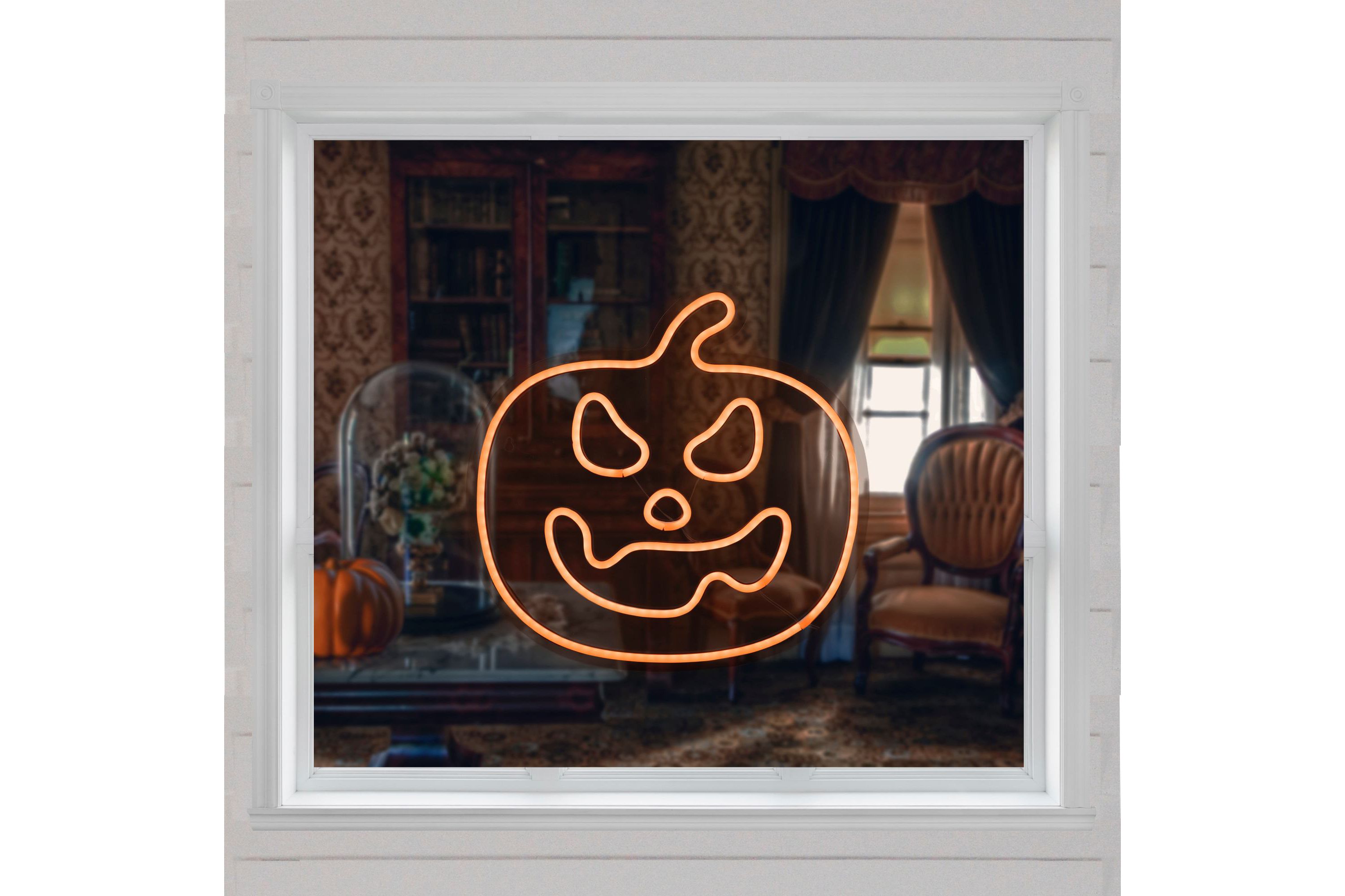 15" Orange LED Lighted Neon Style Jack-O-Lantern Halloween Window Silhouette