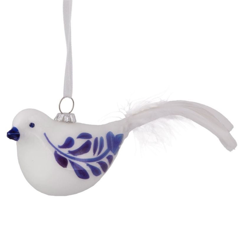 6.5inch White and Blue Bird Glass Christmas Ornament