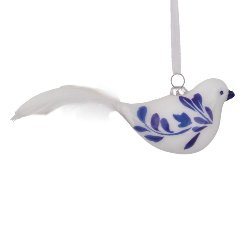 6.5inch White and Blue Bird Glass Christmas Ornament