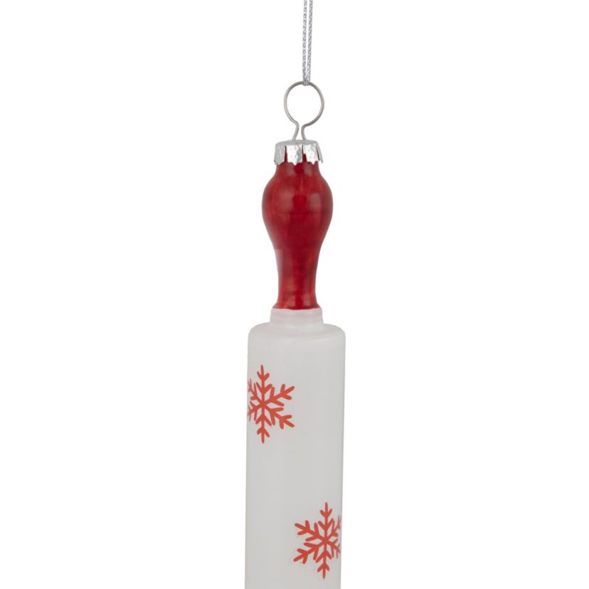 7.25" Red Snowflakes Rolling Pin Glass Christmas Ornament