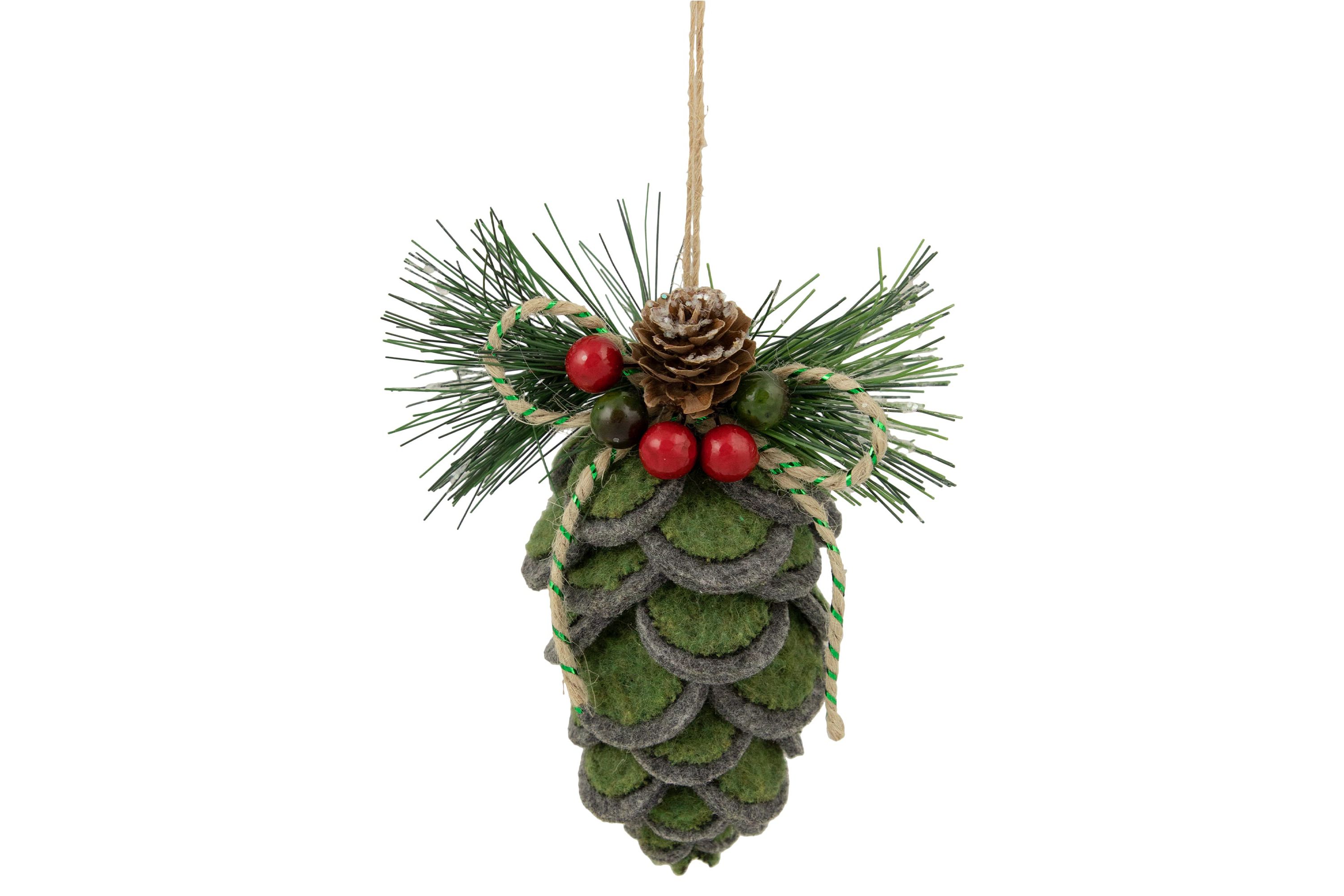 6inch Green Felt Pine Cone with Berries Christmas Ornament