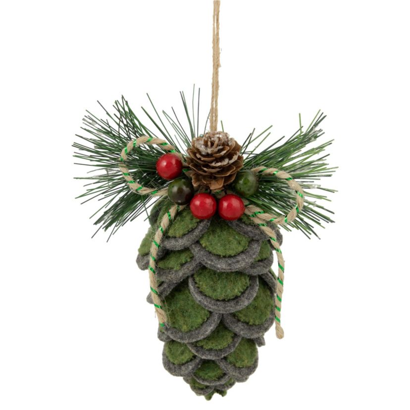 6inch Green Felt Pine Cone with Berries Christmas Ornament